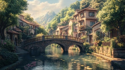静谧古镇绿色夏日溪流