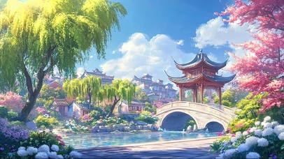 春日古城石桥古亭池塘