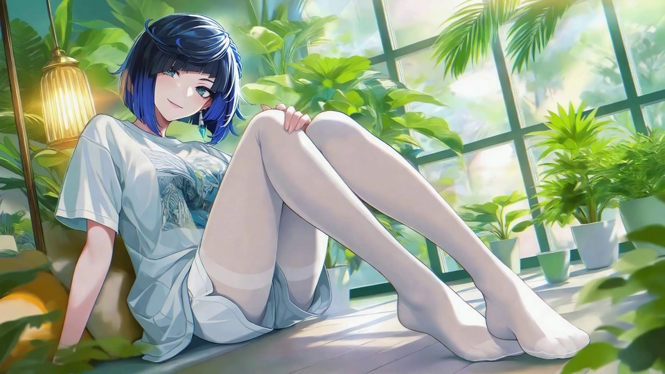 蓝短发少女穿印花白T恤白丝袜，坐满植窗边木地板，神态放松。