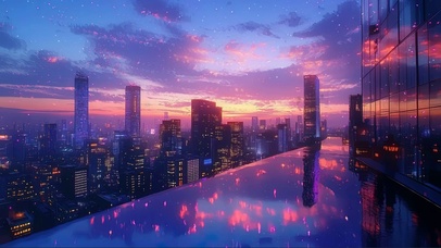 城市繁华天际晚霞夜景