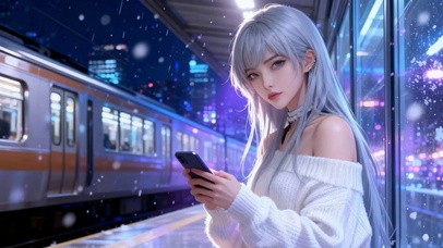 雪夜地铁站银发美少女