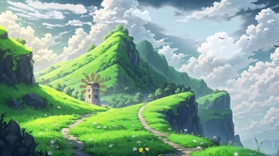 白云青山风车花草地