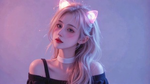 粉紫柔光下的猫耳少女