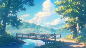 清新山林湖泊木桥