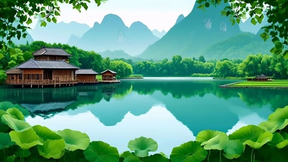 绿色山水荷花小屋