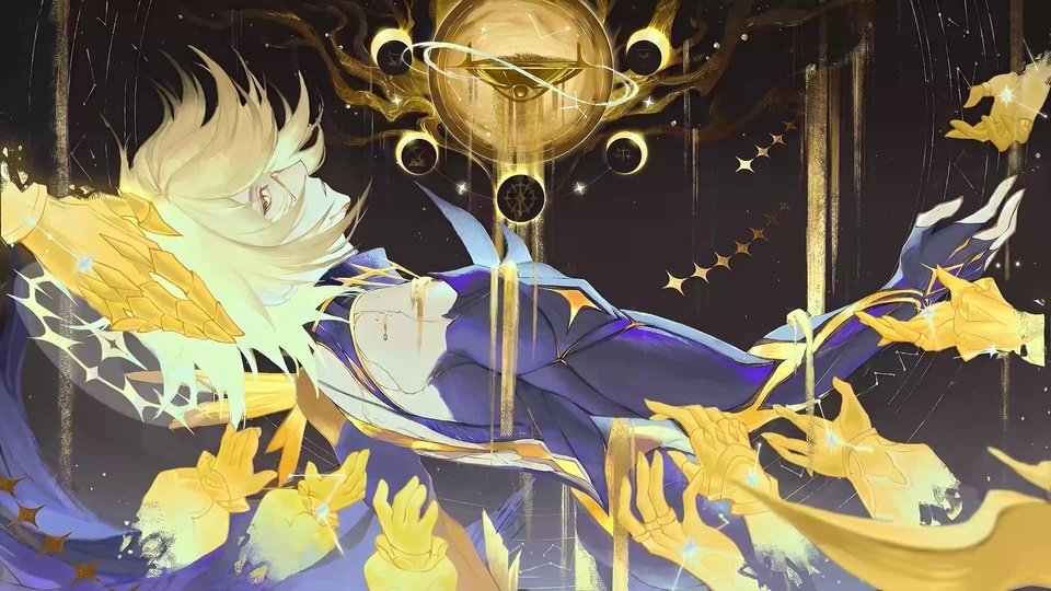 金蓝奇幻插画，金发人物悬浮在暗黑星空下，周围环绕金色虚手与星轨星芒。