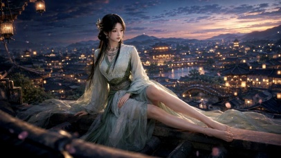 古风汉服美女古城夜景