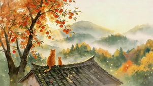 秋天柿子树下猫咪