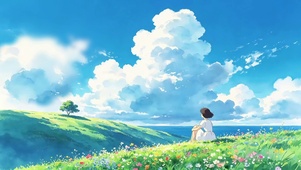 山坡上看风景的少女