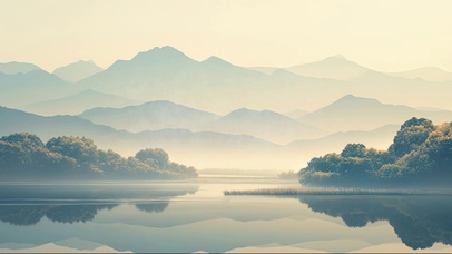 清新云雾山林湖泊倒影