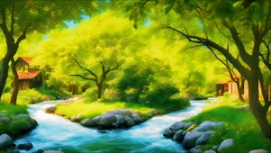 绿色护眼乡村绿植与小溪
