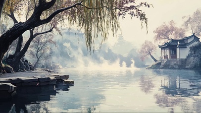 朦胧水乡春日小镇建筑