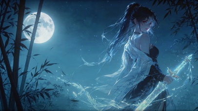 竹林月夜，提剑少女