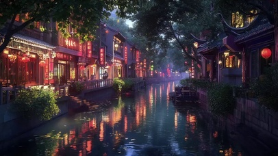 傍晚溪流古城商业小镇