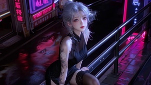 霓虹雨夜旗袍少女