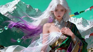 经幡银饰雪山白发少女