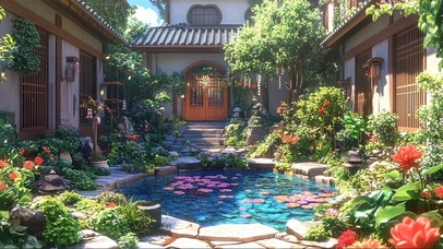 夏日阳光传统庭院池塘