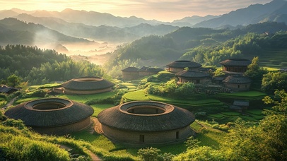 晨雾日出山谷传统建筑