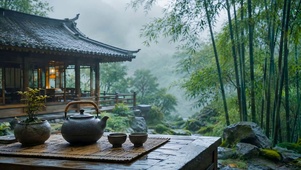 国风竹林雨景品茶
