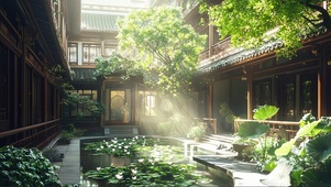 清新静谧阳光荷叶庭院