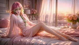 日落卧室粉发二次元美少女