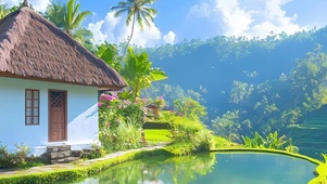 护眼白云树木河流带鱼屏