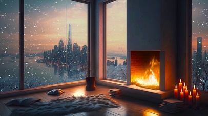 科幻城市雪天壁炉房间