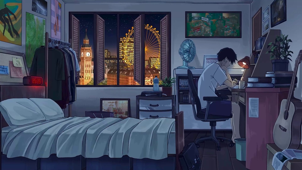 日系动漫插画，冷蓝色调的深夜卧室里，短发男孩坐在书桌前执笔书写，桌面点亮暖黄台灯，窗外可见亮灯的钟楼与摩天轮城市夜景。