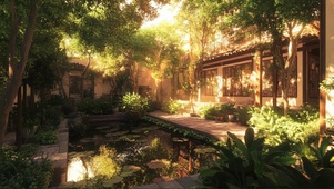 唯美梦幻阳光绿色庭院
