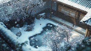 俯瞰古风庭院冬日飘雪