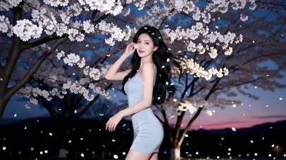 晚霞映照的樱花树下婀娜美女