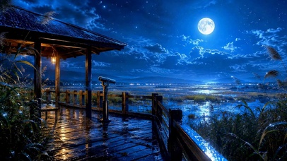 满月雨夜观景亭夜景