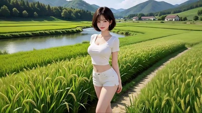 田野麦田间小径处的性感美女