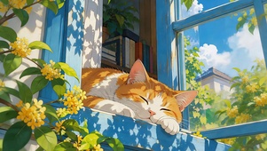 金桂窗边酣睡小猫
