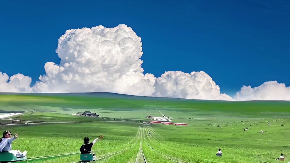 写实风光画面，开阔的青绿色草甸铺展向远方，草甸上设有滑道设施，上方是澄澈亮蓝色的晴空，点缀多团蓬松的白色积云。