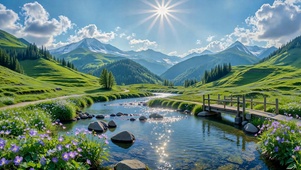 晴天山谷溪流治愈风景