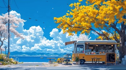 枫叶树下快餐车