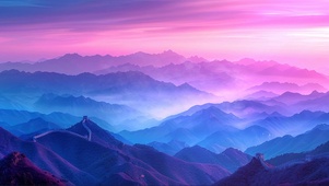 梦幻粉色朝霞山峰长城