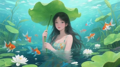 夏日荷塘少女
