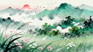 古风夕阳树木