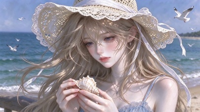 4K唯美听海的蕾丝帽女孩