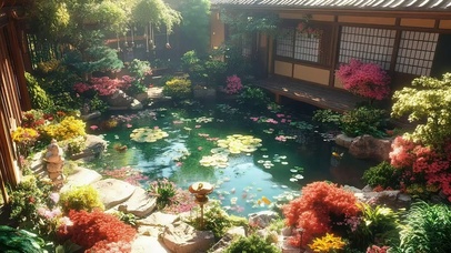 夏日古风繁花庭院池塘