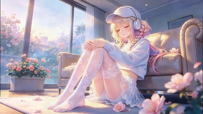 晨光中享受音乐的少女