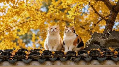 秋天屋檐猫咪