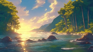 落日森林溪流