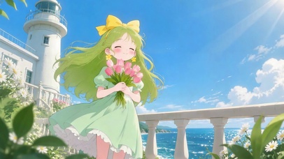 海边捧花可爱女孩