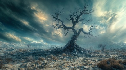 静谧雷暴戈壁扭曲树木