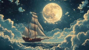 月下大海航行云雾帆船