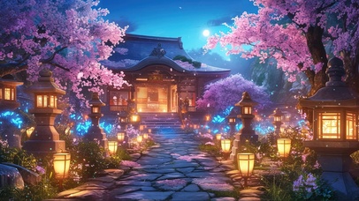 樱花庭院古建夜景