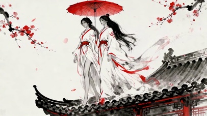 水墨古风红伞双美人